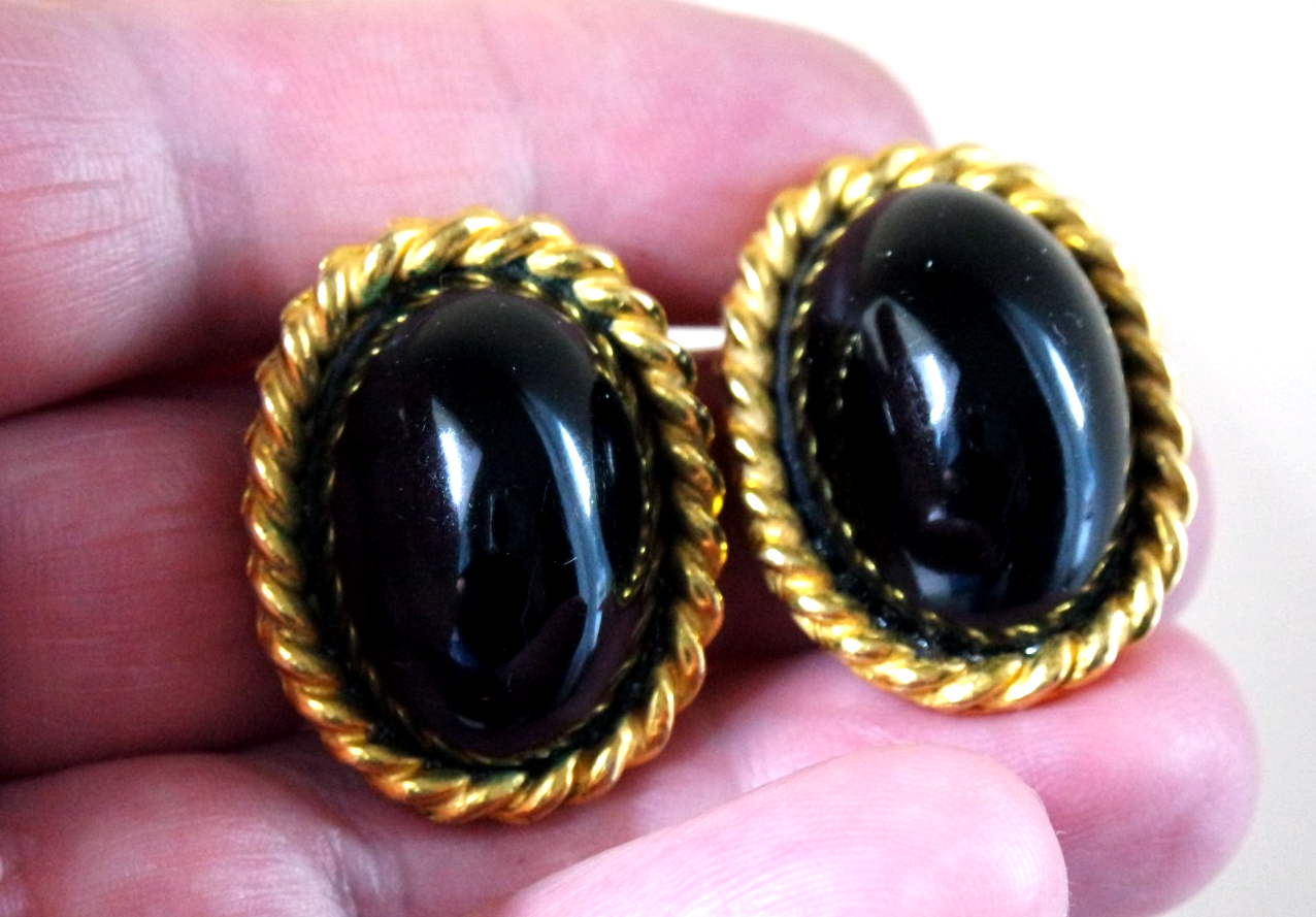 Orecchini YSL YVES SAINT LAURENT Vintage Oro Vetro Nero Firmati Clip Estate