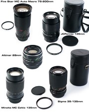 5 Vintage Camera Lens Lot - Pentax, Minolta, Five Star, Sigma, Albinar Filters