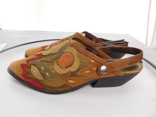 Clicks Leather Mules Womens 7.5 B Floral Back Strap Heels Western Gowgirl