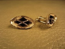 Vintage Mid Century Modern Onyx Brushed Finish White Gold Plated Cuff Links