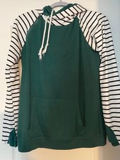 Forest Green and White Striped Hoodie, Size M, with Double Hood