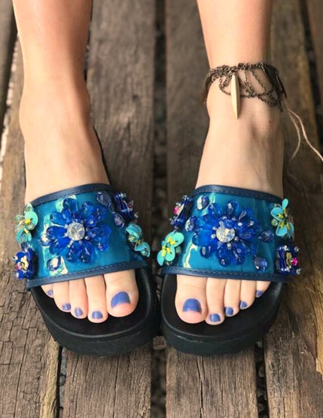 ZARA BLUE FLOWER EMBELLISHED SLIDES FLAT SANDALS SIZE UK EU 37