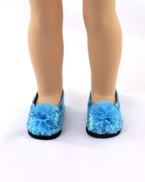 Teal blue sequin flat shoes with flower for Wellie Wisher dolls-image