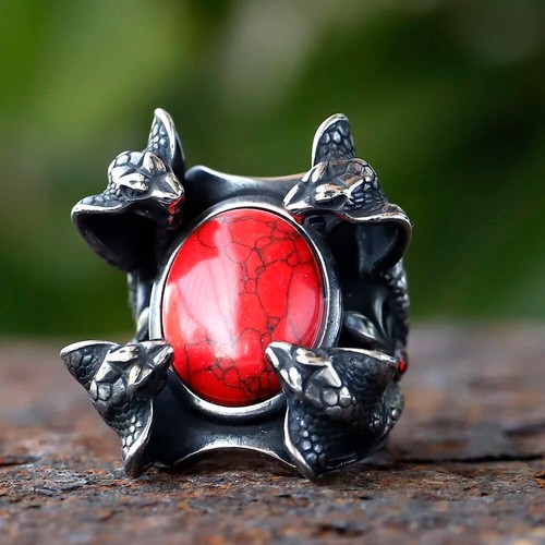 Stainless Steel Four Snake Heads and Red Zircon Retro Biker Turkish Punk Ring - Picture 7 of 8