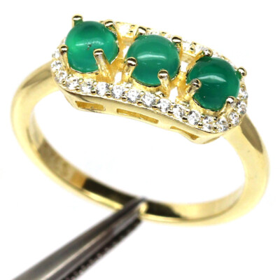 925 Sterling Silber 4 Mm. Grüner Achat & Weißer Zirkon Statement Ring Größe 7