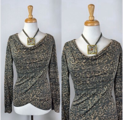 Y2K Top Animal Print Leopard Long Sleeve Shimmer Crossover Semi Sheer Grunge M