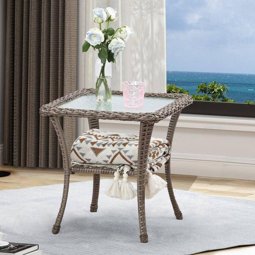 Wicker Outdoor Patio Side Table With Shelves Tempered Glass Top Square Brown