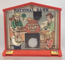 Vintage National Bank The Buck Stops Here Piggy Coin Money Bank Moving Arms 1979