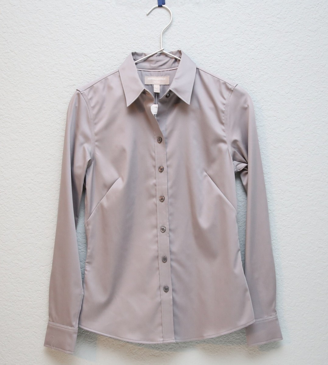 NWT BANANA REPUBLIC Women Non-Iron Fitted Shirt GRAY 2P petites cotton  stretch | eBay