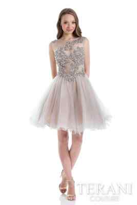 TERANI Couture sz 2 PROM 1611P0112 Silver Beaded Flare NWT ILLUSION BACK SILK