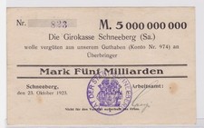 5 Billion Mark Banknote Girokasse Schneeberg Employment Office 23.10.1923 (122101)
