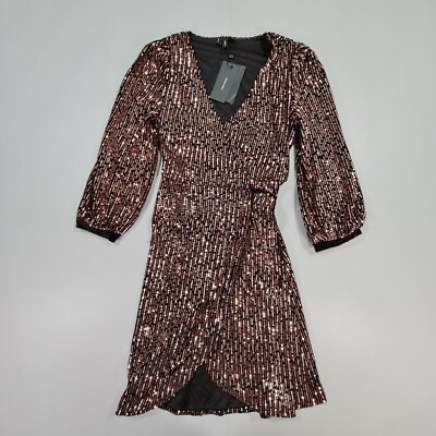 Vero Moda Womens Dress Black Gold XS Sequinned Callie Wrap Mini 3/4 Sleeve