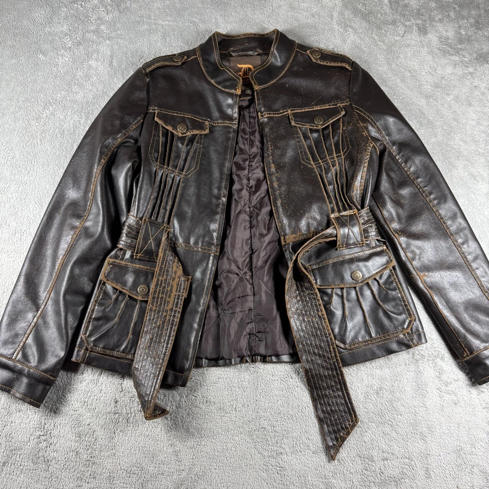 Dollhouse Distressed Moto Utility Belted Faux Leather Jacket Women’s M Brown - Image 4 of 4