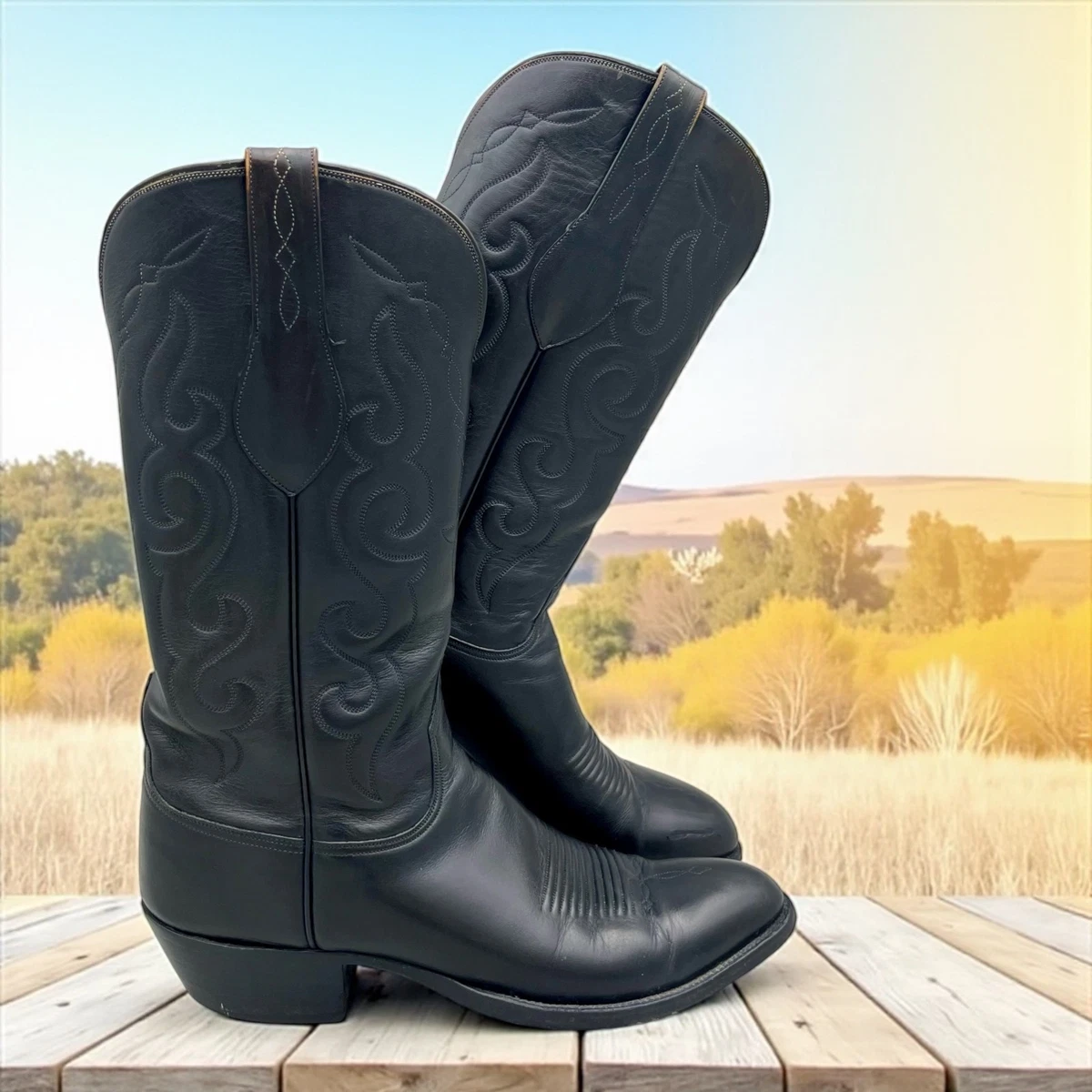 VTG Lucchese French Toe Cowboy Boots Mens 11A Black Calf Leather USA Made 28345 Lucchese Black Boots for Men for sale | eBay main image 4