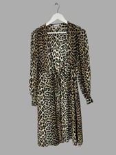 GANNI Leopard Print Silk Blend Wrap Midi Dress Long Sleeve