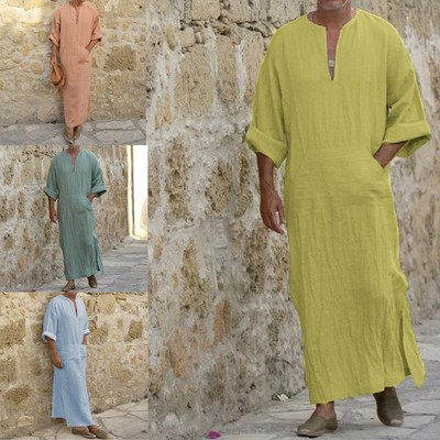 Mens Kaftan Robe Beachwear Night Dress Long Shirts V-neck Long Sleeve Abaya Robe