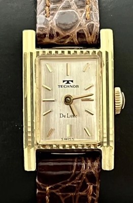 Vintage New TECHNOS Tank Women's 22mm Mechanical Watch Gold Case Dial Leather