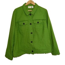 Chico  s Green Textured Tweed Fringe Jacket Size 3/XL