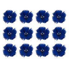 Artificial Rhinestone Chiffon Flower Heads, Bright Blue Flowers 2 Inch 12Pcs