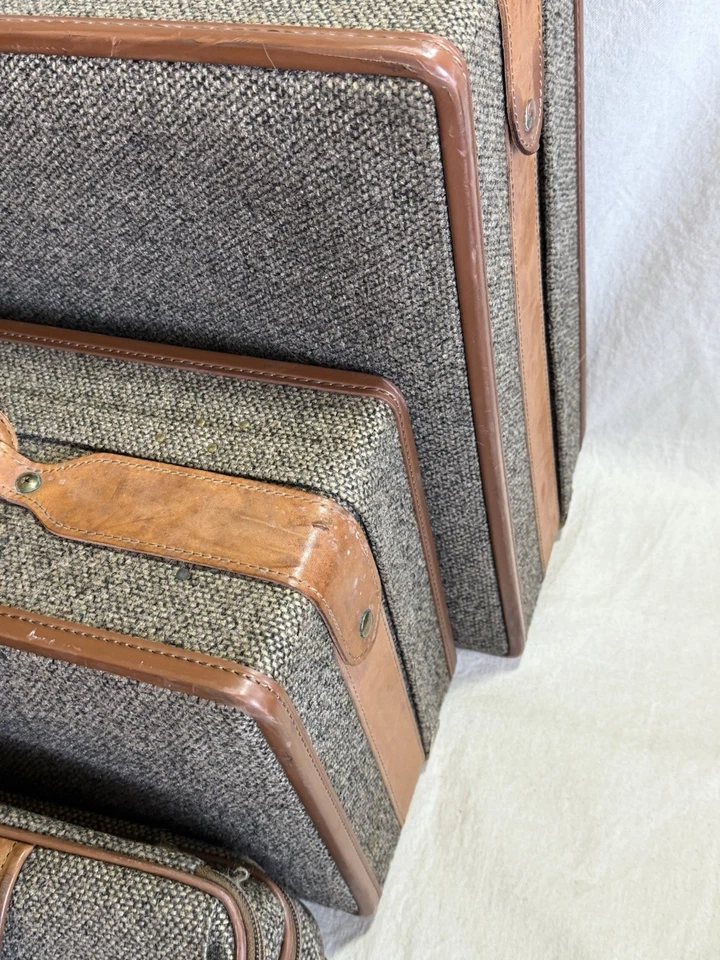 复古 Hartmann 皮革腰带粗花呢行李箱行李箱豪华 3 件套。 — 第 4/4 张图片