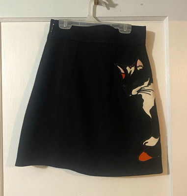 MSGM Milano Black Cat Graphic Print High Rise Mini Skirt Size S IT40 RARE
