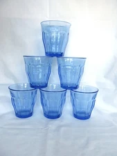 6 Duralex Picardie Marine Blue Glass Tumblers Glasses 3.25" Tall 6 3/4 oz Juice
