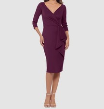 X by Xscape Womens Purple Ruffled V-Neck Scuba Sheath Dress Petite Size 12P