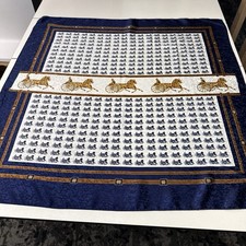 VTG Equestrian Satin Square Blue White Large Scarf 34" Luxury Horses Carriage