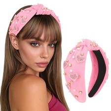 Pink Valentines Day Headband Knotted Heart Rhinestone Padded Hair Band Women