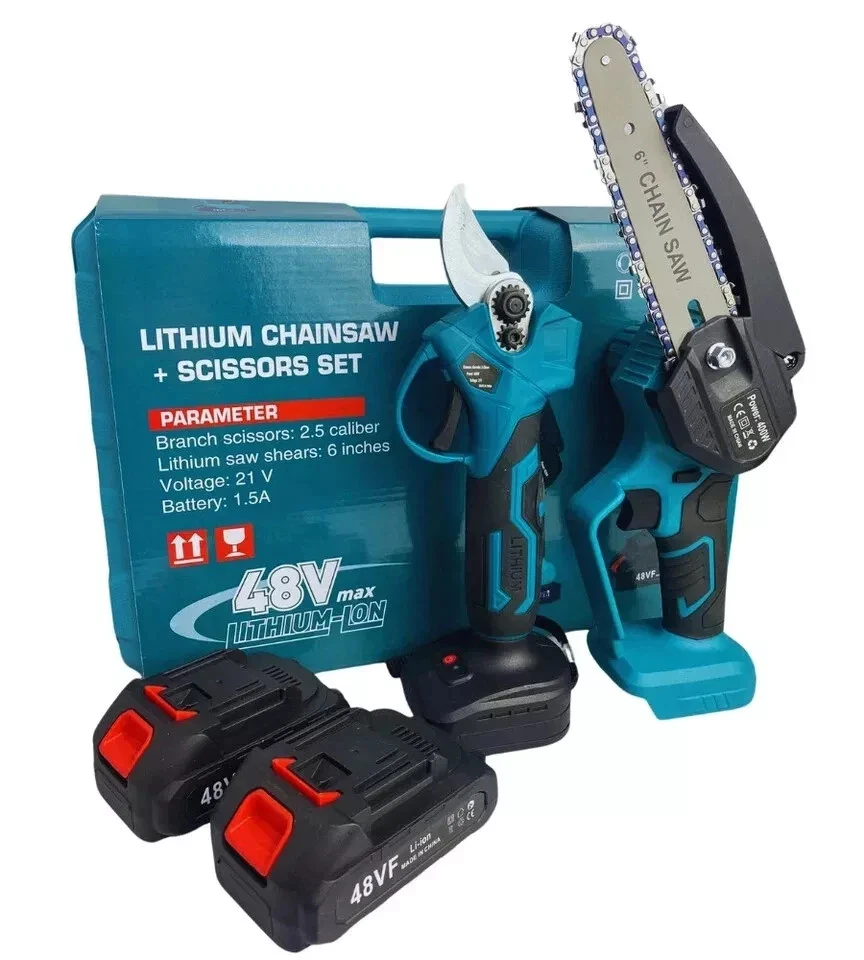 Forbice a batteria da Potatura + Motosega 2 Batterie 48V Cesoia Sega + Accessori