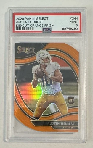 2020 Panini Select #344 Justin Herbert RC Field Level Orange Prizm Die-Cut PSA 9