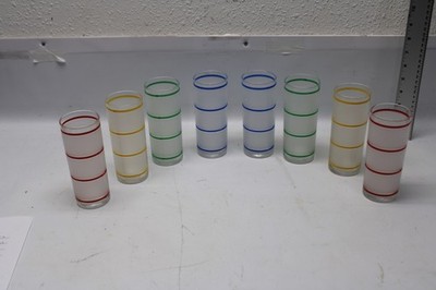 Vintage 1970s Set of 8 Libbey Funtime 6''  Tumblers Colored Stripes Frosted Glass