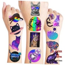 96 PCS Space Cat Tattoos Pre-Cut for Kids, Girls, Boys - Pre-Cut for Kids