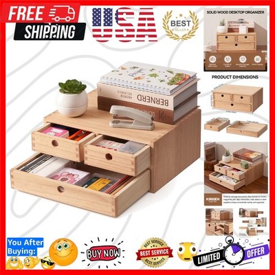 Solid Wood Desktop Organizer with 3 Drawers - Multi-Layer Office Supplies Sto...