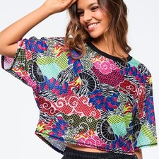 Zumba Eastern Flavor Boxy Dolman Crop Top - Pink/Yellow XS S New