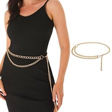 Gold Waist Chain Belt for Women Dresses Metal Link Layer L:Fits waist size 39