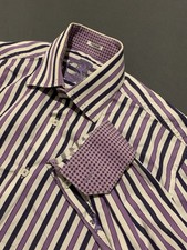 Bugatchi Shaped Fit Flip Cuff Shirt Mens L Purple Square Buttons Top stitching