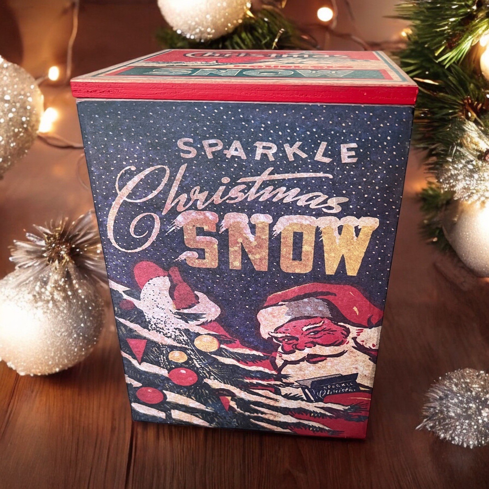 NEW RETRO WOODEN 8” GIFT BOX EMPTY  CHRISTMAS SNOW BY DOUBL-GLO FAST SHIP