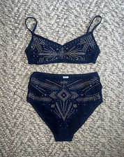 Time and Tru Blue Rhinestone 2-Piece Bikini Set High-Waist Bottom Size S