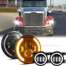 for Freightliner Coronado 7inch Round LED Headlights + 4inch LED Fog Light Combo