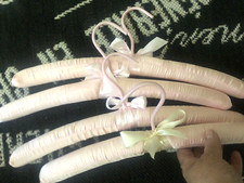 LOT of 4 Vtg NOS Pink White Padded SATIN 16" Adult CLOTHES HANGERS Standard Bows