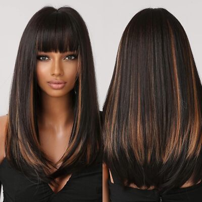 Long Straight Black with Dark Blonde Highlight Wigs with  display picture 1