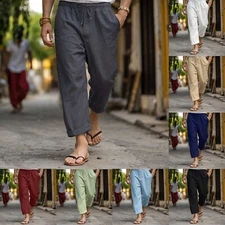 Men's Linen Elastic Waist Baggy Pants Comfy Breathable Beach Yoga Loose Trousers