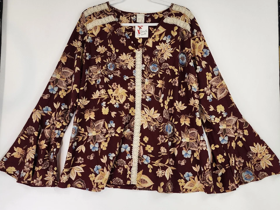 Her She Shirt Womens 3XL Burgundy Floral V Neck Lace Trim Bell Sleeve Blouse