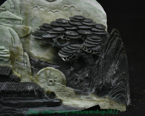 8.8" Chinese Natural Dushan Jade Carved Mountain Tree House Waterwheel Statue - Picture 5 of 11