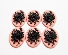 21 - Vintage 18x13mm Black Over Pink Rose  Bud Flowers Resin Cameos Cabochons