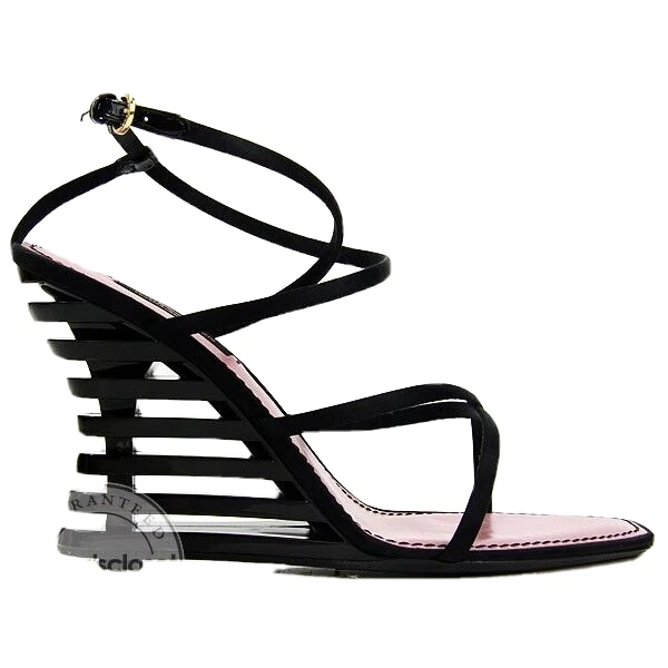 Louis Vuitton Black Printed Fabric Bow Ankle Strap Wedges Sandals