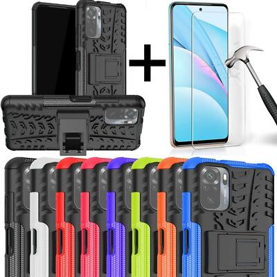 Für Xiaomi Redmi Note 10 4G Hülle, Stoßfest Ständer Handy Cover + Hartglas