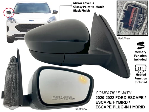 For 2020 - 2022 FORD ESCAPE Mirror BSD Memory Heated Glossy Cap Passenger Side