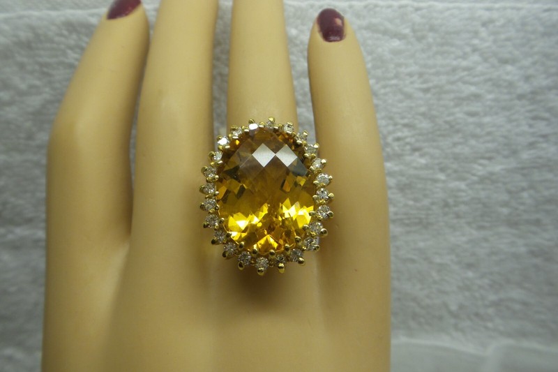 Showpiece Large Golden Citrine Gemstone Solid 14kt Ring,Natural Diamond Surround